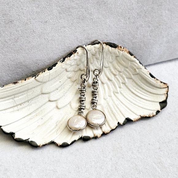 Sterling 925 ITALY Rolo Link Freshwater Pearl Drop Earrings - Picture 9 of 16